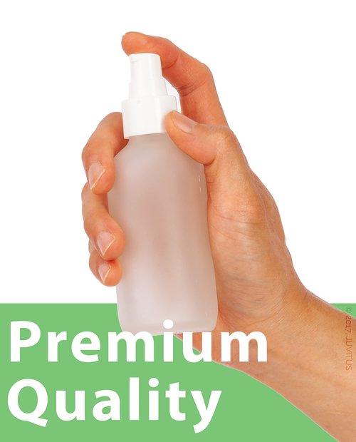 JUVITUS 4 oz / 120 ml Frosted Clear Glass Boston Round Bottle with White Treatment Pump (24 Pack) Refillable Empty Storage Containers