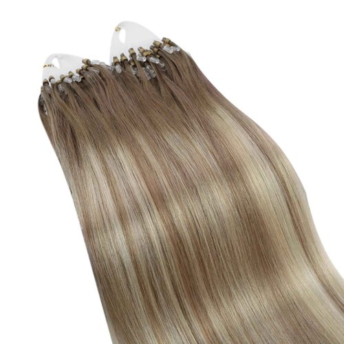 Ugeat Microlink Hair Extensions Ombre for Long Length 24 Inch Balayage Micro Bead Real Human Hair Extensions Light Brown Ombre Platinum Blonde Straight Cold Fusion with Micro Beads 50S 50S
