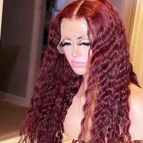 Burgundy Red 13x4 Lace Front Wigs with Natural Deep Wave, Transparent Lace and Baby Hair, Pre-Plucked Human Hair Curly Wig for Black Women 16 Inch