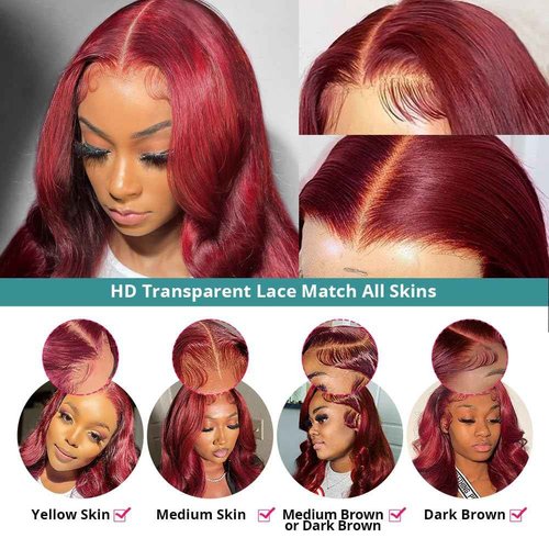 Allove Burgundy Lace Front Wigs Human Hair Pre Plucked 180% Density 22inch Body Wave Lace Front Wigs with Baby Hair 13x4 Glueless HD Transparent Frontal Wigs For Women