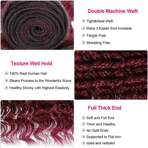 FuivJuix #99J Burgundy Bundles Deep Wave Bundles Human Hair 26 28 30 Inch Brazilian Virgin Hair Wine Red Deep Wave Bundles Human Hair Extensions 3 Bundle 50 Gram Per Bundle