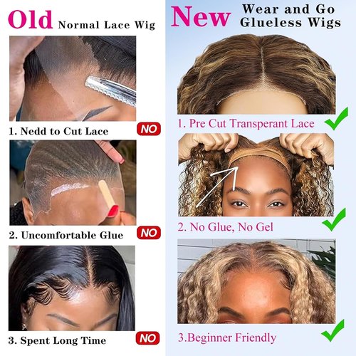 Ombre 4/27 Highlight Wear And Go Glueless Wigs Human Hair Pre Plucked Pre Cut 4/27 Honey Blonde Wig Human Hair Short Curly Bob Wig 180% Density Water Wave Lace Front Wigs For Black Women 14 Inch