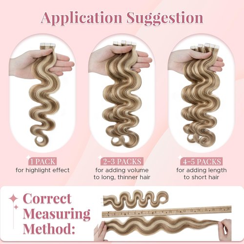 SEGOHAIR Wavy Tape In Hair Extensions Real Human Hair with Double-Sided Adhesive Professional Hair Extensions for Women 20pcs Body Wave 22 Inches Medium Brown Mixed Bleach Blond