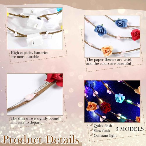 Janinka 70 Pcs LED Flower Crown Light Up Wreath Headband Hair Accessories Crown Luminous Head Band Tiara Glow Floral Headpiece Flower Headdress for Women Wedding Party