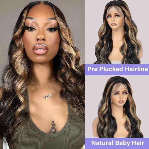 Aveiyce 13x6 Highlight Ombre Balayage Lace Front Wigs Human Hair 1b/27 Black and Blonde Lace Frontal Body Wave Wig Pre Plucked with Baby Hair for Black Women HD Transparent 180% Density Wig 18 Inch