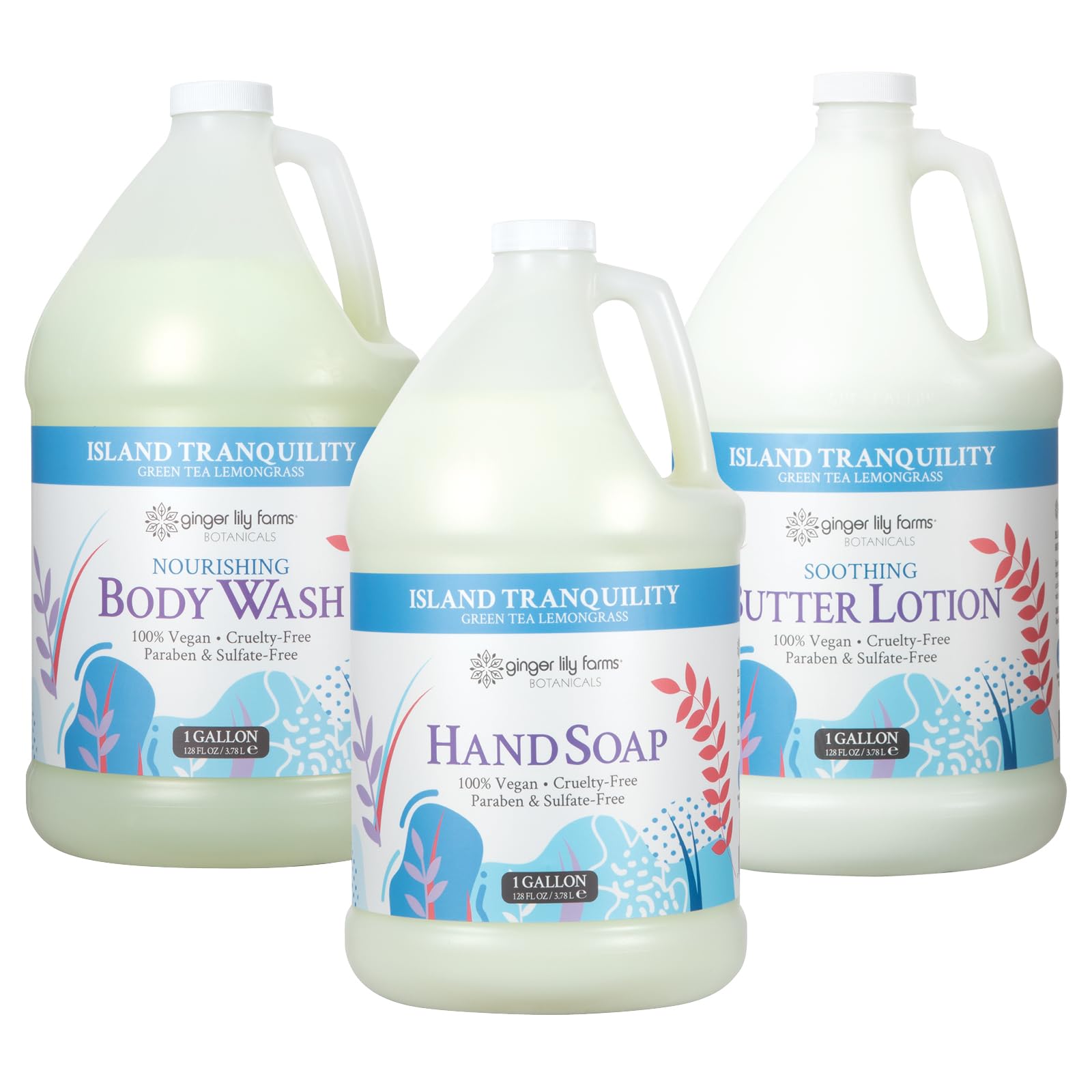 Ginger Lily Farms Botanicals Body Wash + Hand Soap + Butter Lotion Bundle, Island Tranquility, 1 Gallon Each