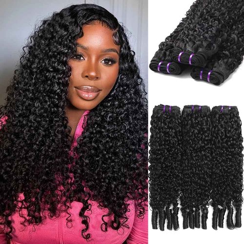 Seekomi Burmese Curly Human Hair 3 Bundles 16 18 20 Inch 100% Virgin Water Curly Bundles Human Hair with Spiral Ends Double Weft Quick Weave for Women, Natural Black Color, 300g