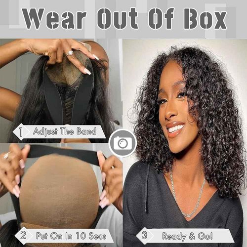 YINGRUN Deep Wave Bob Wig Human Hair 14 Inch Glueless Wigs HD Lace Closure Wig Human Hair Curly Wig Natural Black
