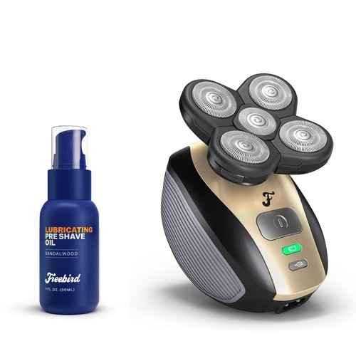 Freebird FlexSeries™ Shaving Kit with Pre Shave Oil - Fast, Smooth, Water-Resistant Electric Head Shaver with 5 Flexible Blades and Sandalwood Oil, USB Rechargeable, Ideal for Bald Men and Women