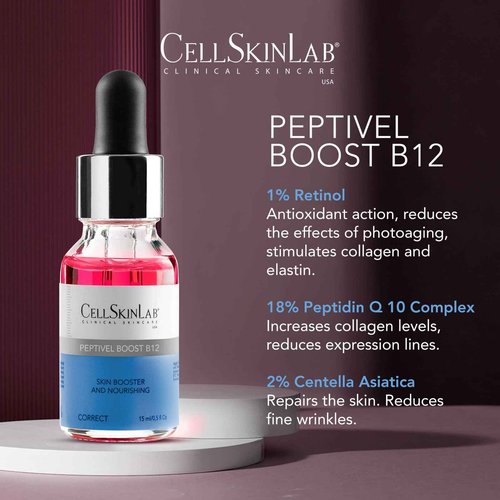 Peptivel Boost B12 by CellSkinLab - Topical Skin Booster & Nutritive Serum for Fatigue Skin and Dry Skin with Retinol, Peptides and Vitamin B12-0.5 fl Oz