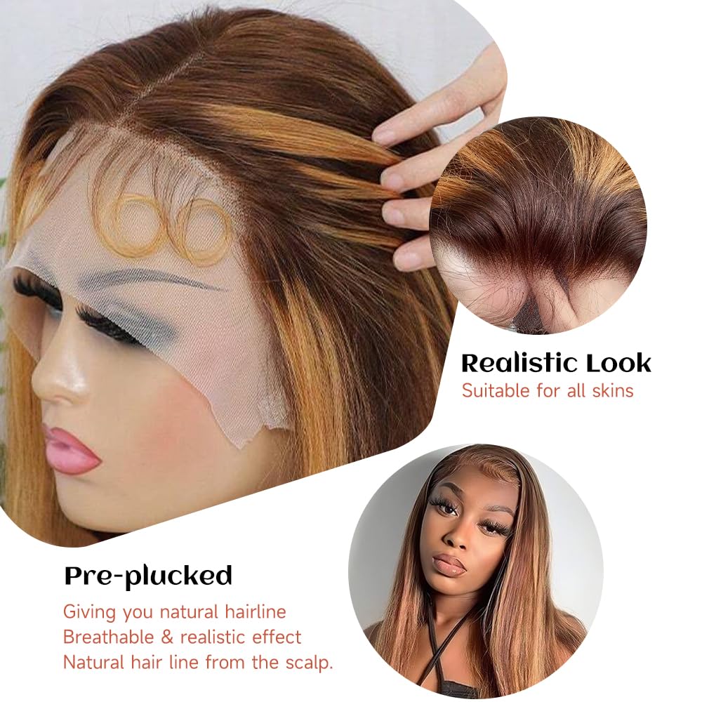 Ombre Lace Front Wig Human Hair Highlight 13x6 Lace Front Wigs Human Hair Straight Wigs Pre Plucked 200% Density Honey Blonde 4/27 Colored Wigs for Women 28 Inch