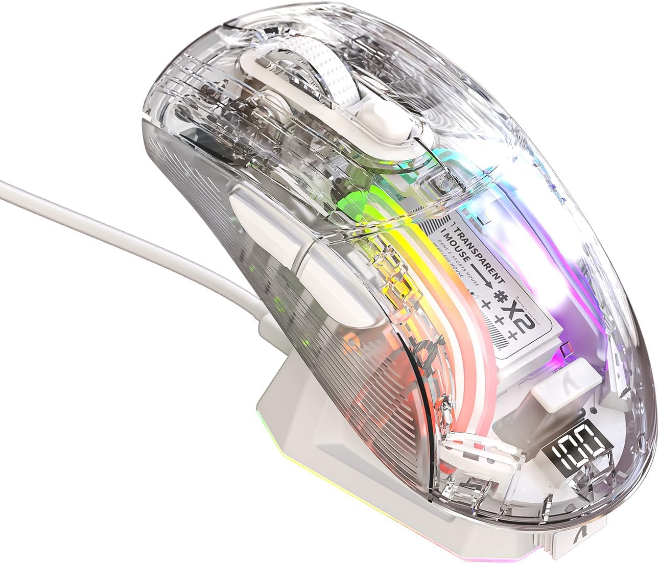 A.JAZZ Wireless Gaming Mouse with Full Transparent,Tri-Mode 2.4GHz/Bluetooth/Wired Mouse,Digital Display,Charging Base,3D RGB Backlit,Silent Mice with 7 Buttons,Wireless Mice for Laptop,PC,Mac(White)