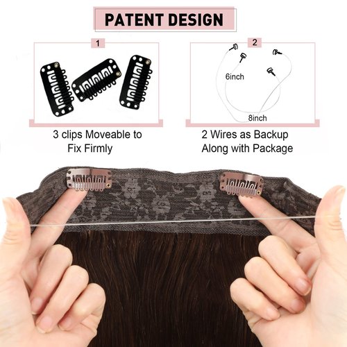 Ugrace Hair Wire Hair Extensions Real Human Hair Chocolate Brown 20 inch 100g Hairpiece with Transparent Invisible Fish Line Straight Clip in Human Hair Extensions for Women