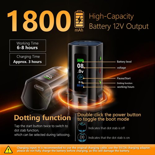 BIGWASP Z3 Wireless Rotary Tattoo Machine Pen, 6 Adjustable Stroke Lengths, 1,800mAh Battery with Extra Battery, Coreless Motor for Professional Artists - Black