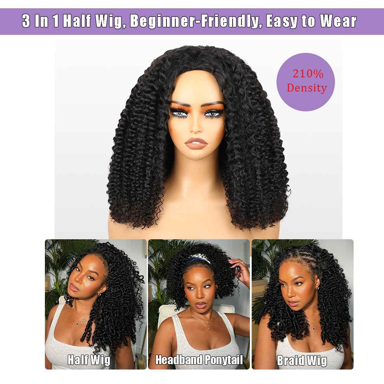 Half Wig Human Hair 210 Density Kinky Curly Half Wig for Black Women 3 In 1 Seamless Flip Over Human Hair Half Wig Glueless Wear and Go Beginner Friendly Drawstring Headband Wig Human Hair 14 inch