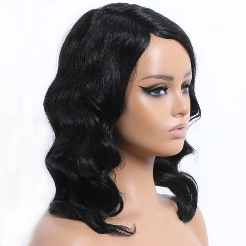 OnePart glueless human hair wig 16 inch loose deep wave body wave ocean wave wavy wigs for black women side part natural black