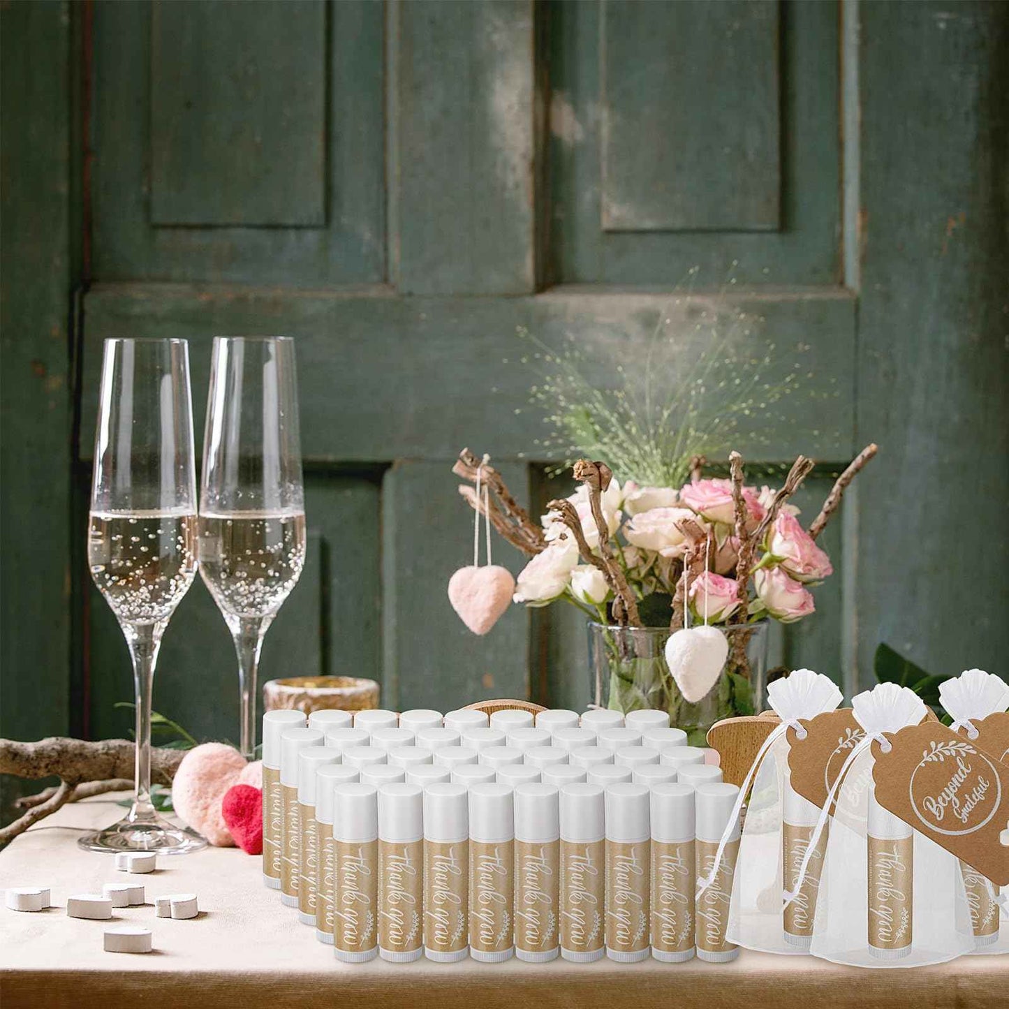 Leelosp Wedding Thank You Lip Balm Bulk Small Natural Moisturizing Mini Balm Lip Care Product Include Organza Bag and Appreciation Card for Women Baby Shower Favors, 5 Fragrance (100 Sets)