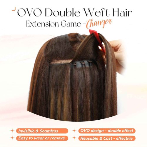 OVO Double PU Weft Hair Extensions Human Hair Ombre Brown Highlight Seamless Invisible Weft,Beaded Flat Hair Extensions, Soft & Natural Real Human Hair Extensions