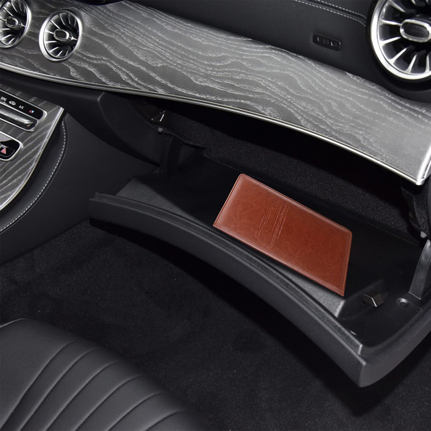 LumiMokki Premium Car Registration & Insurance Card Holder with Magnetic Shut, Vehicle Glove Box Car Organizer - For Documents, Cards, License (Brown)