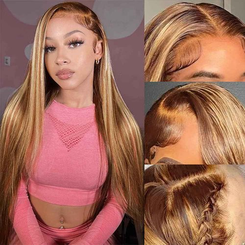 XZZ 28 Inch Highlight Ombre Lace Front Wig Human Hair 13x4 HD Lace Front Wigs Pre Plucked With Baby Hair Honey Blonde 4/27 Color Straight Balayage Lace Front Wigs 200% Density Glueless Frontal Wig