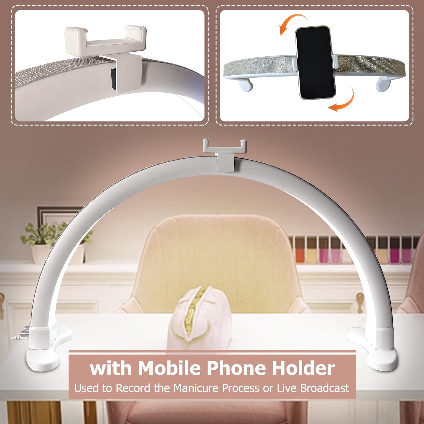KMLSHLL Half Moon Light for Nail Desk with Phone Holder, Adjustable Brightness 2700K-6000K, 45W Rhinestones Arch Light for Nail Techs