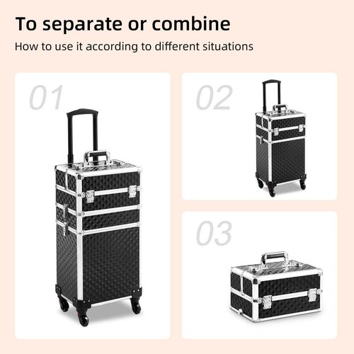 Somduy Rolling Makeup Case 3 in 1,Professional Makeup Train Case organizers,Large Storage Cosmetic case Trolley,Makeup Travel Case for Salon Barber Black