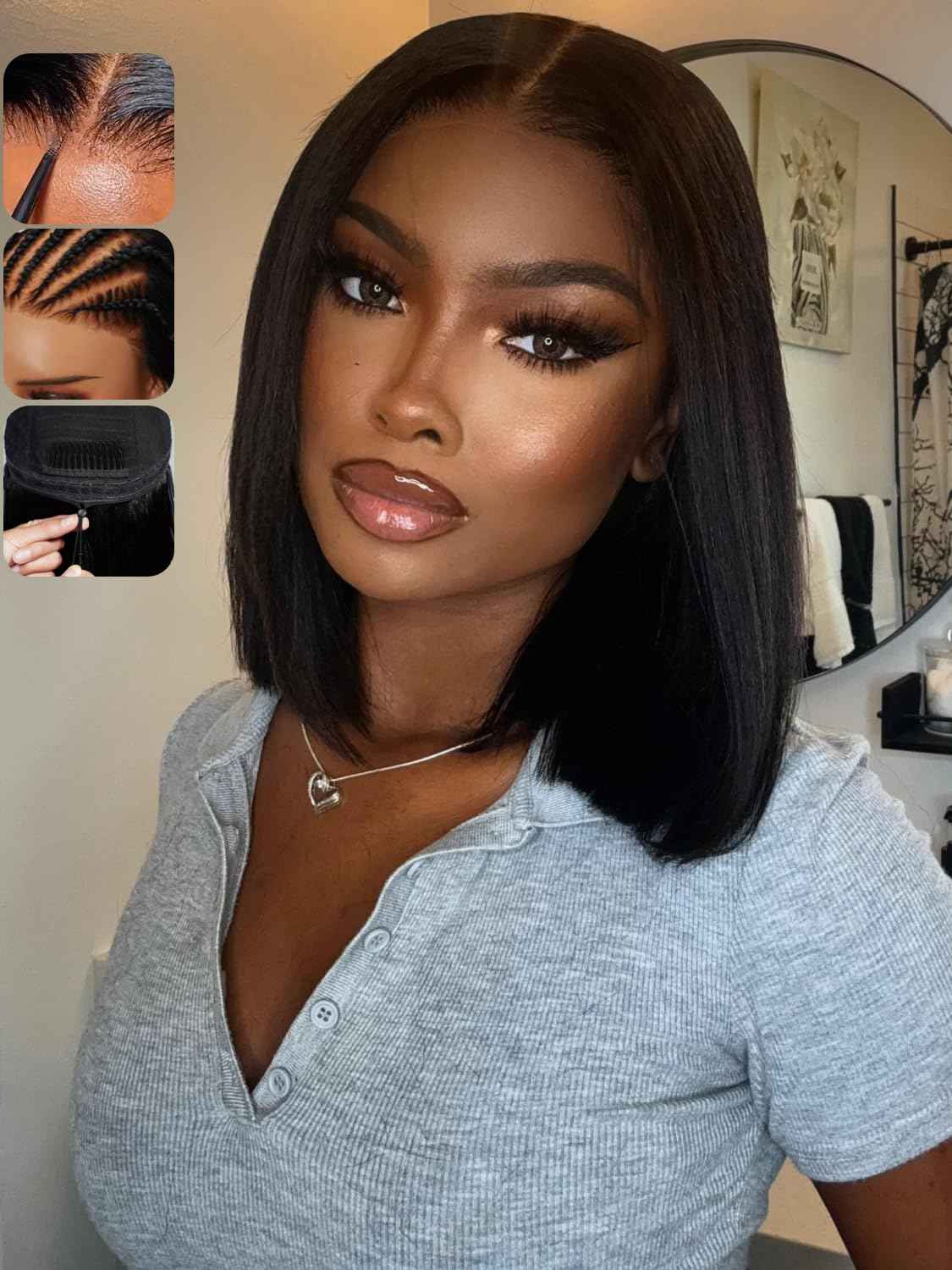 KLAIYI Bob Wig Human Hair Bye Bye Knots Glueless Wear and Go Wig with Drawstring Pre Cut 7x5 Lace Front Pre Plucked Bleached Short Straight Put on Go Beginner Wigs 3S Ready to Go Pre Everything 10Inch