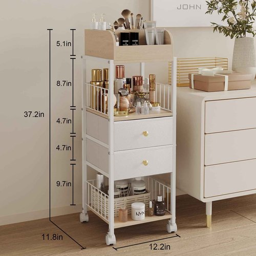 Floor Makeup Organizer Storage Cart - Rolling Makeup Cart with Drawers, Skincare Make Up Organizers and Storage, Cosmetics Display Cases Holder for Skin Care Nail Polish Perfume Makeup Brush (White)