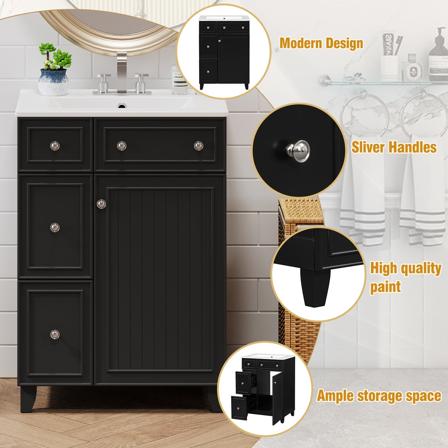 24-Inch Black Bathroom Vanity Cabinet with Ceramic Sink, 2 Drawers