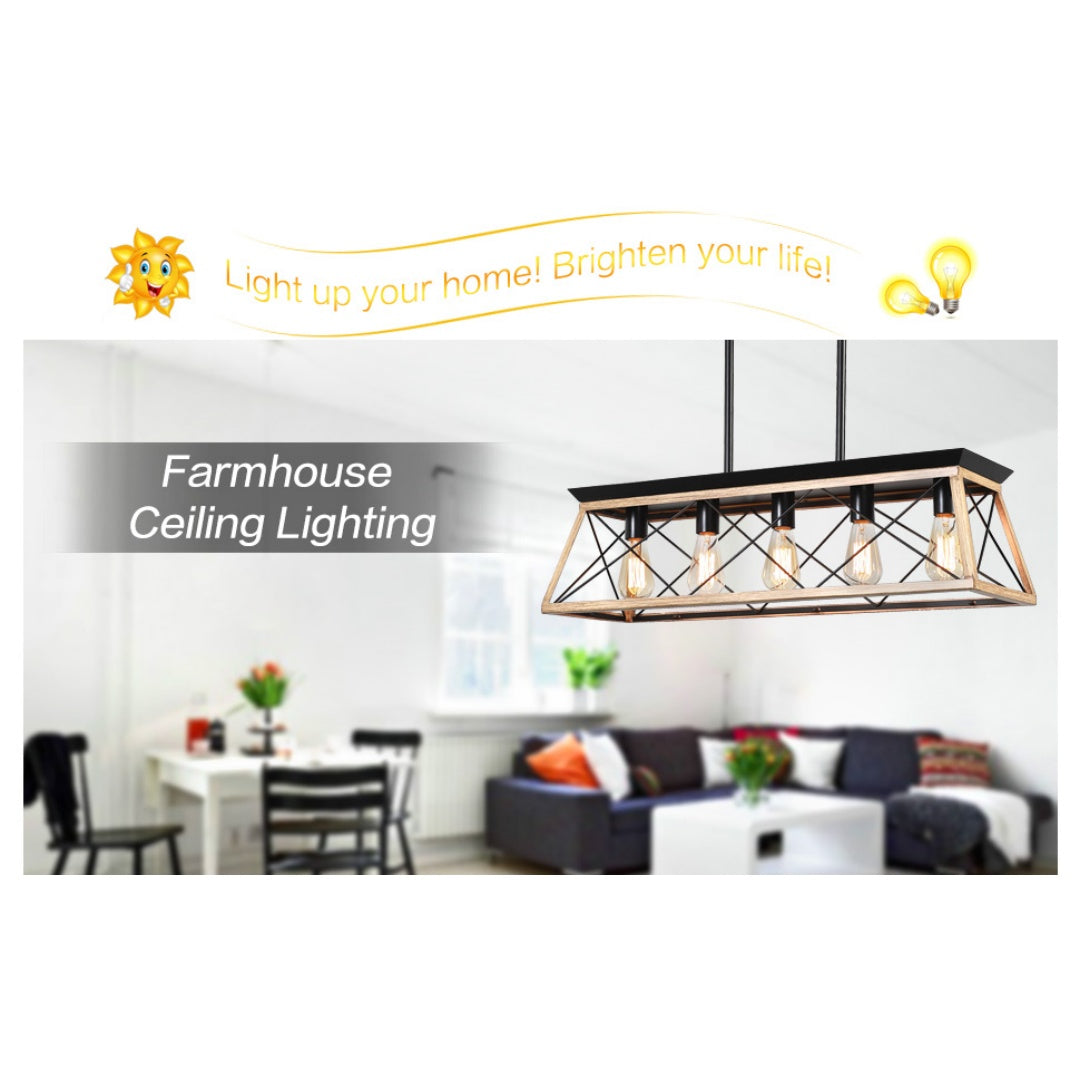 32-Inch Oak Industrial 5-Light Pendant Chandelier - Adjustable