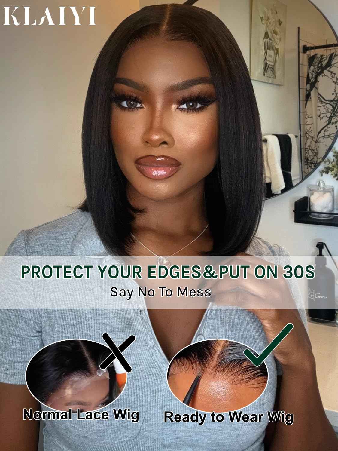 KLAIYI Bob Wig Human Hair Bye Bye Knots Glueless Wear and Go Wig with Drawstring Pre Cut 7x5 Lace Front Pre Plucked Bleached Short Straight Put on Go Beginner Wigs 3S Ready to Go Pre Everything 10Inch
