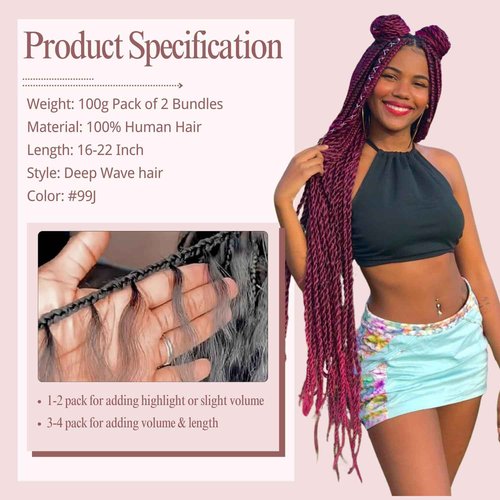 FAKOT Burgundy Human Braiding Hair 100g 22 Inch Deep Wave Bohemian Hair for Braiding, No Weft, 99J, Boho Braids, 2 Bundles/Pack