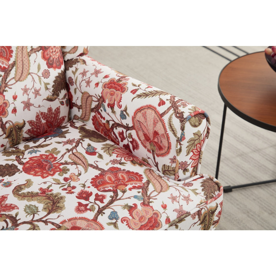 Floral Accent Chair with Retro Wood Legs - Bean Paste Red