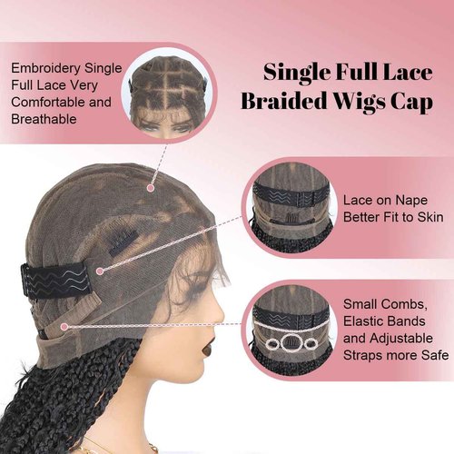 QUISDUIS 36 Inch Full Lace Boho Braided Wigs for Black Women, 360° HD Single-layer Square Knotless Box Braid Wig with Baby Hair Handmade Synthetic Hair Blended Lace Front Wig Natural Black