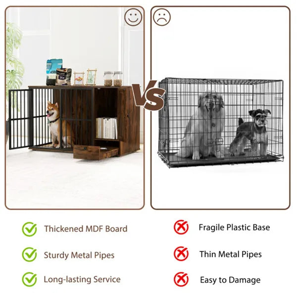 2-in-1 Dog Crate End Table with Pull-Out Feeder - Chew-Resistant Metal Pet Furniture