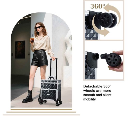Adazzo Professional Rolling Makeup Case with Drawer for Makeup Artists Cosmetic Train Case Large Storage Case for Nail Technicians Cosmetology Case with Detachable Bag for Hairstylist Black
