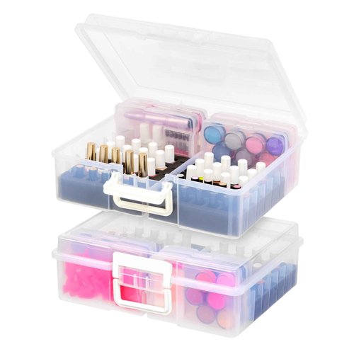IRIS USA Cosmetic Train Case Nail Polish Organizer with 4 Inner Cases and Handle, 2-Pack, Portable Cosmetology Hobby Storage Box Holds 44 Bottles, for Tabletop Gaming Minis Art Craft Supplies, Clear