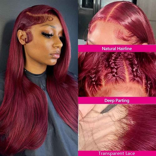 Katonyo 28 Inch 99J Burgundy Lace Front Wigs Human Hair 13x4 Straight Lace Front Wigs Human Pre Plucked Burgundy Wig Human Hair Wine Red Wigs for Women 180% Density Straight Colored Wigs