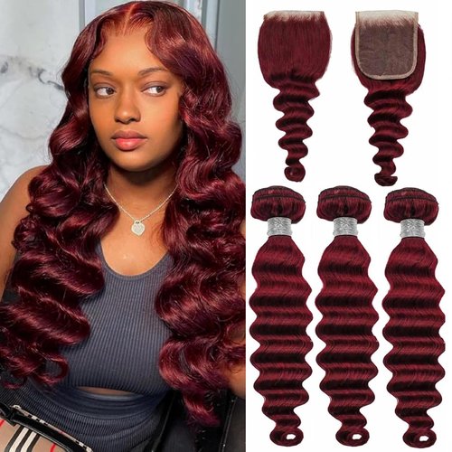 99J Burgundy Bundles with Closure,Wine Red 99J Colored Loose Deep Wave Bundles with 4x4 Lace Closure Red Human Hair with Closure (99j Burgundy Loose Deep 12 14 16+12)
