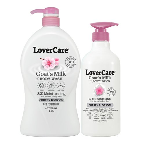 Lovercare Combo Goat Milk Moisturizing Body Wash Shower Cream Cherry Blossom 40.7 fl oz Goat Milk Cherry Blossom Body Lotion 27 fl oz