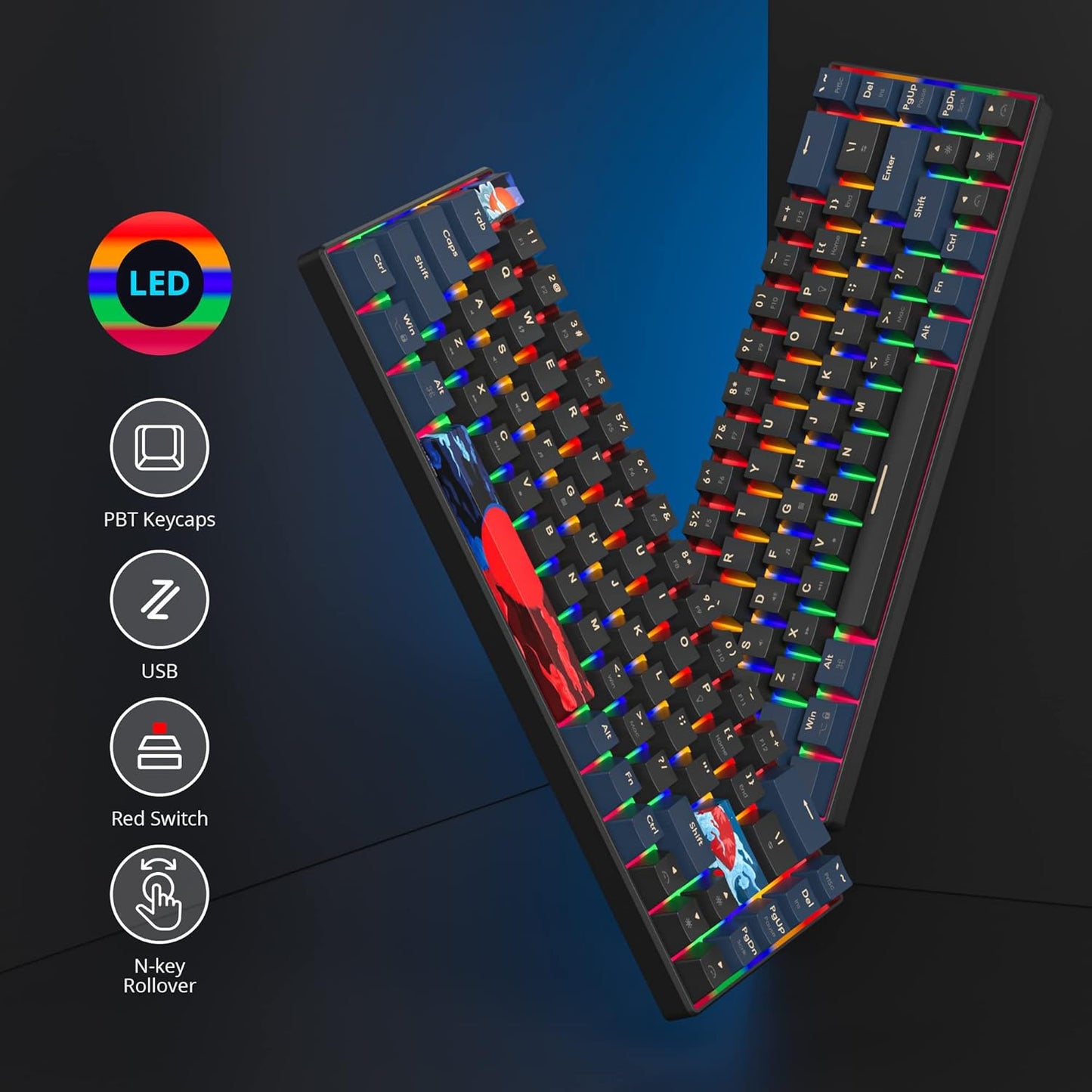 60 Percent Gaming Keyboard Mechanical with Linear Red Switch, 65% Wired Ultra-Compact Mini Keyboard Rainbow with PBT Keycaps for Ps4/Ps5/Xbox(68 MonsterB)