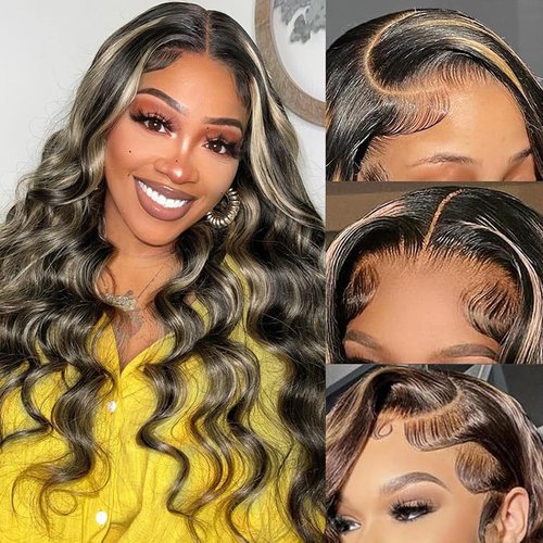 ABALON Balayage Body Wave Lace Front Wig Human Hair 16 Inch 200% Density Highlight Ombre HD Lace Frontal Wigs Human Hair Pre Plucked FB/27 13x4 Glueless Wigs for Black Women
