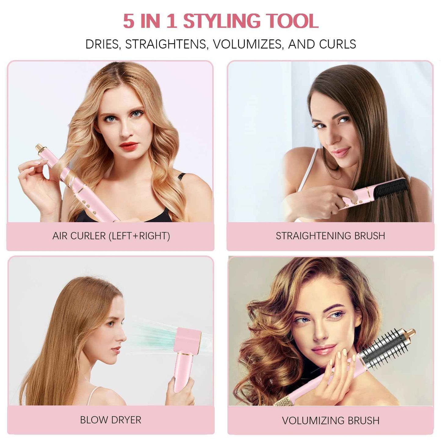 5 in 1 Hot Air Styler, Hair Dryer Brush for Fast Drying, Curling, Volumizing & Straightening, Frizz-Free & No Heat Damage for Smooth Hair & Waves, Ideal High Speed Blow Dryer for Home & Travel Use