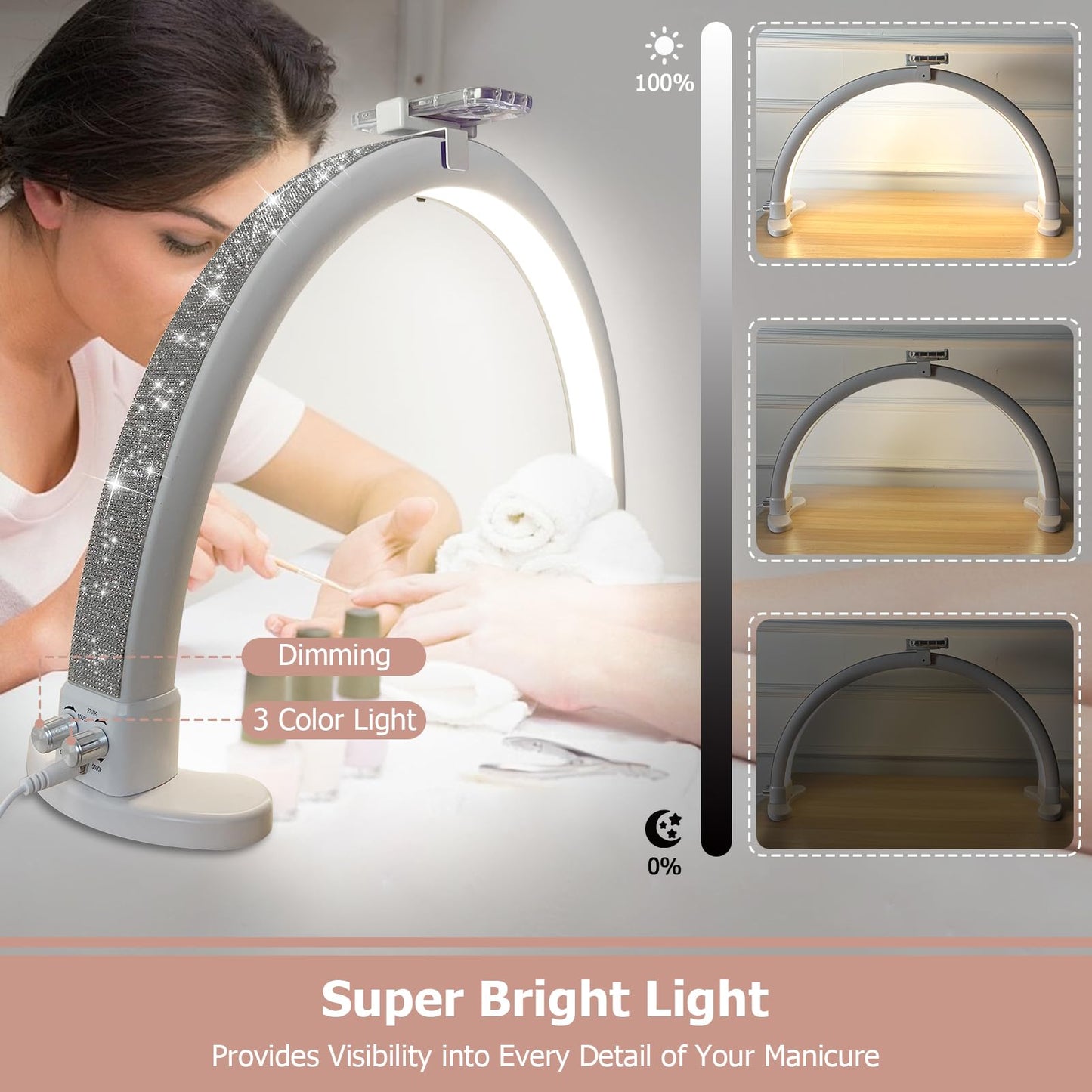 KMLSHLL Half Moon Light for Nail Desk with Phone Holder, Adjustable Brightness 2700K-6000K, 45W Rhinestones Arch Light for Nail Techs