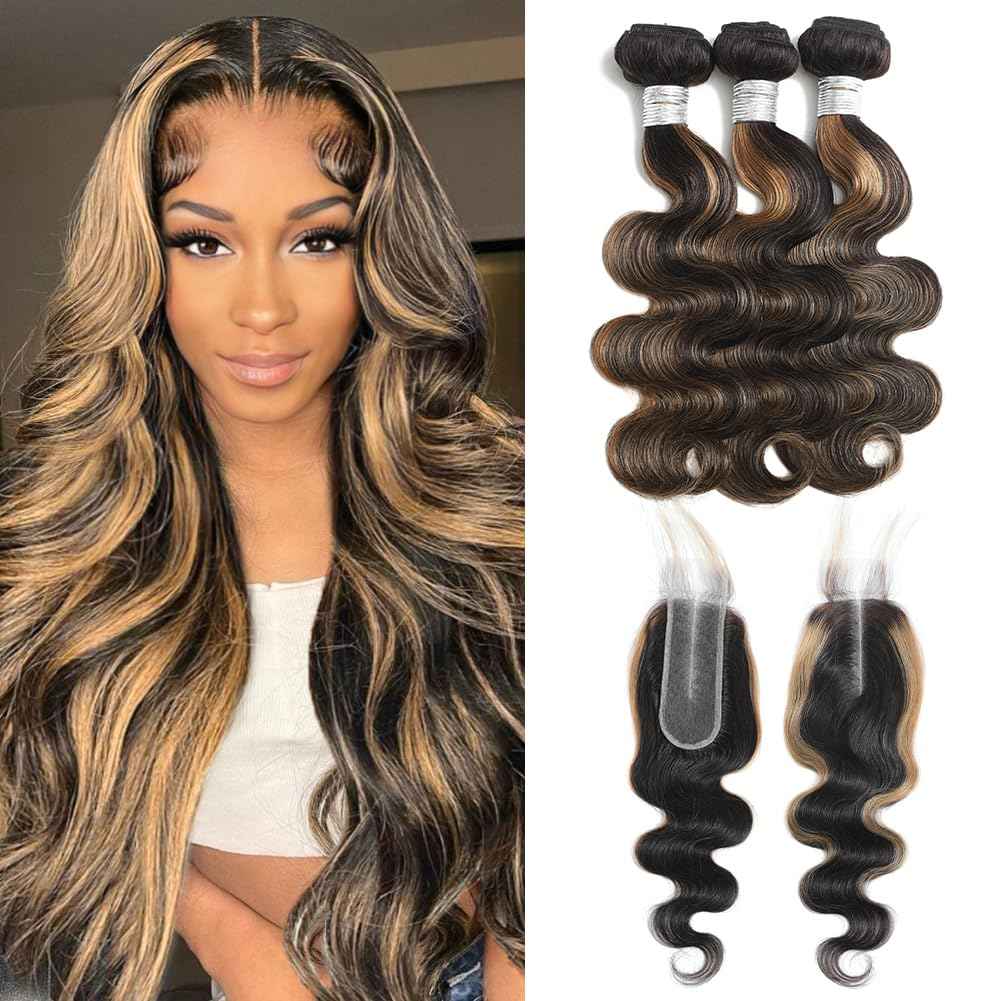 Honey Blonde Highlight Body Wave 2x6 Closure with Bundles 12 14 16 +10 Inch, 1b/27 Black and Blonde Balayage Loose Wave Sew In Weave Bundles with HD Lace Closure