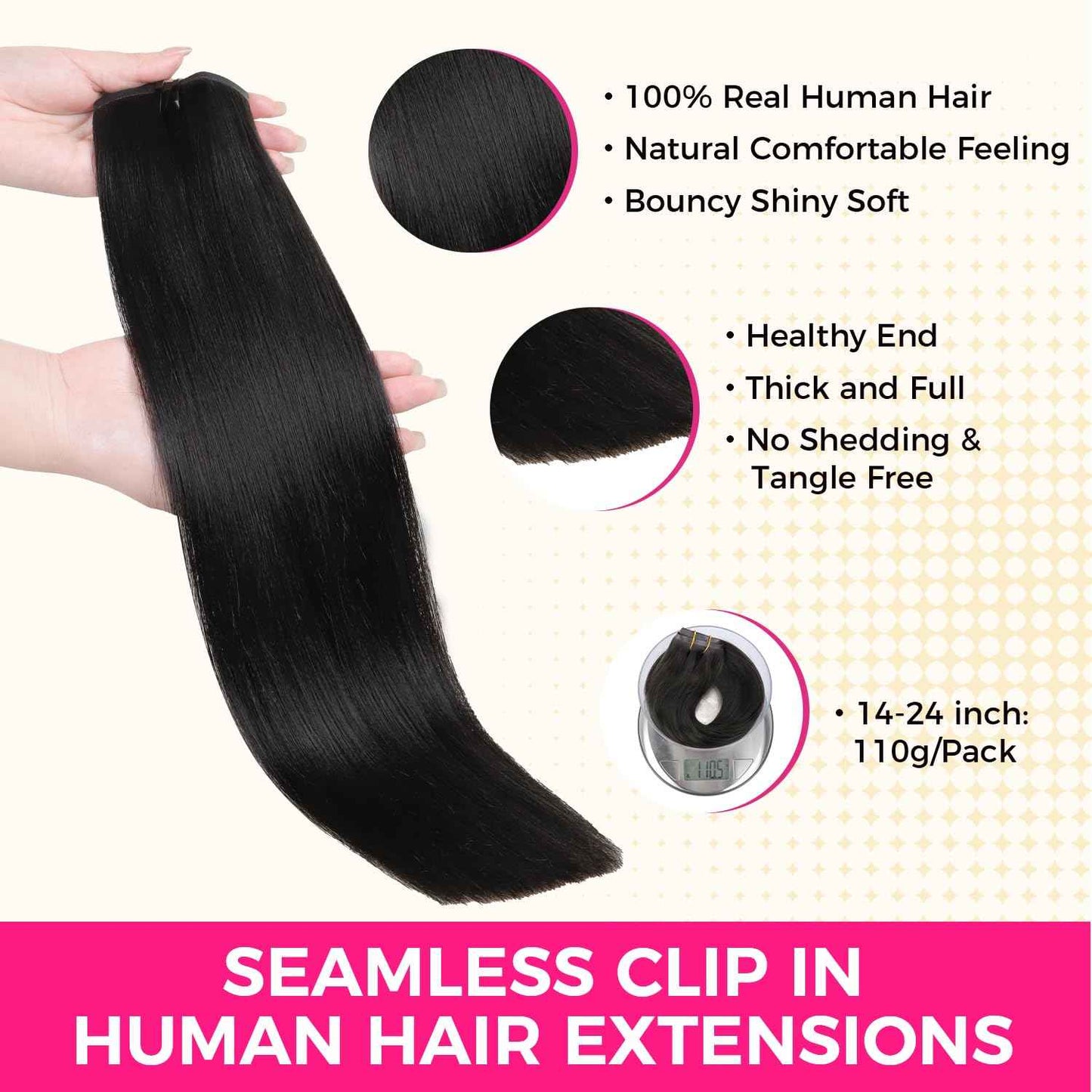 Lashey Seamless Clip-in Hair Extensions Human Hair Light Yaki Straight 16 Inch 7pcs 110g Natural Black PU Clip-in Hair Extensions