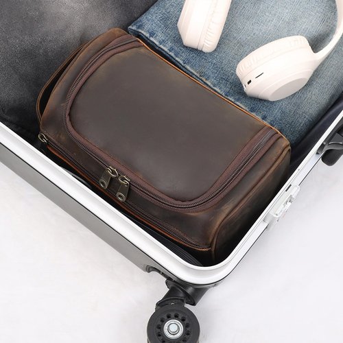 TIDING Mens Leather Hanging Toiletry Bag Travel Shaving Kit Portable Makeup Cosmetic Organizer Wash Case