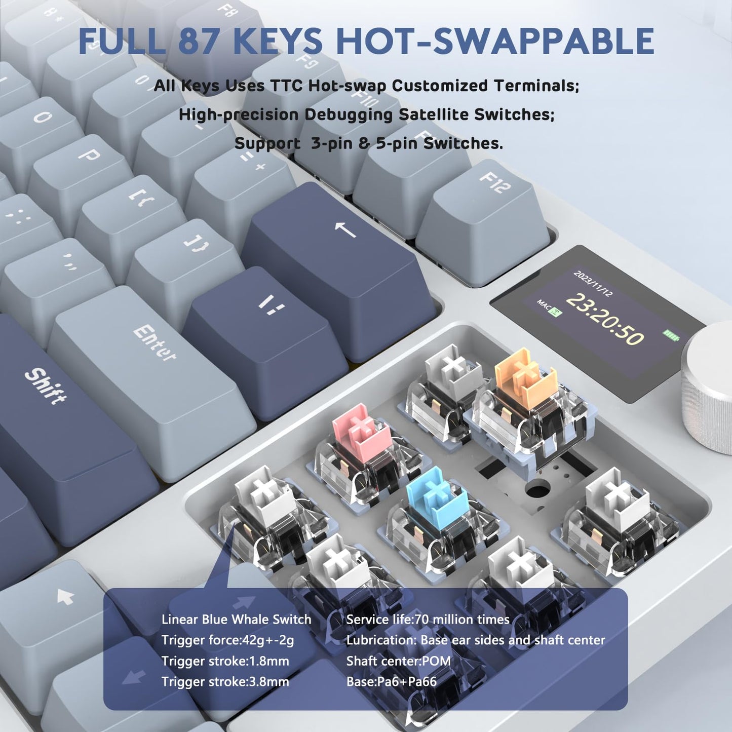 RK86 RGB 75% Wireless Gasket Mechanical Keyboard,Triple Mode Bluetooth5.0/2.4G/USB-C 82 Keys Hot Swappable Gaming Keyboard 4000 mAH Battery w/Knob & 1.2'' HD OLED Display,Custom Linear Switches