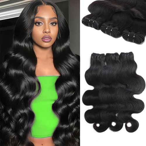 Dewelly 12A Human Hair Bundles Body Wave 3 Bundles Human Hair 16 18 20 Inch 100% Unprocessed Brazilian Virgin Real Human Hair Bundles Deals Quick Weave Hair Extension Natural Black Color