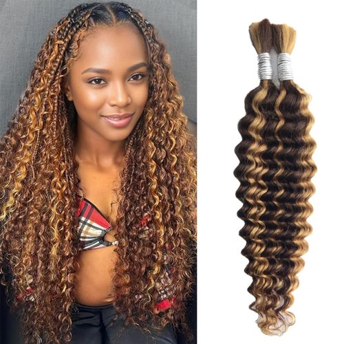 24 Inch Deep Wave Bulk Human Hair For Braiding 100g/2 Bundles Human Braiding Hair For Boho Braids 12A No Weft Deep Wave Curly Human Hair Extensions Balayage(100g,24inch,P4/27#）
